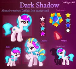 Size: 4205x3805 | Tagged: safe, alternate version, artist:darklight1315, derpibooru import, oc, oc:darkshadow, crystal pony, pony, unicorn, alternate universe, cutie mark, dark mirror universe, female, filly, magic, reference sheet