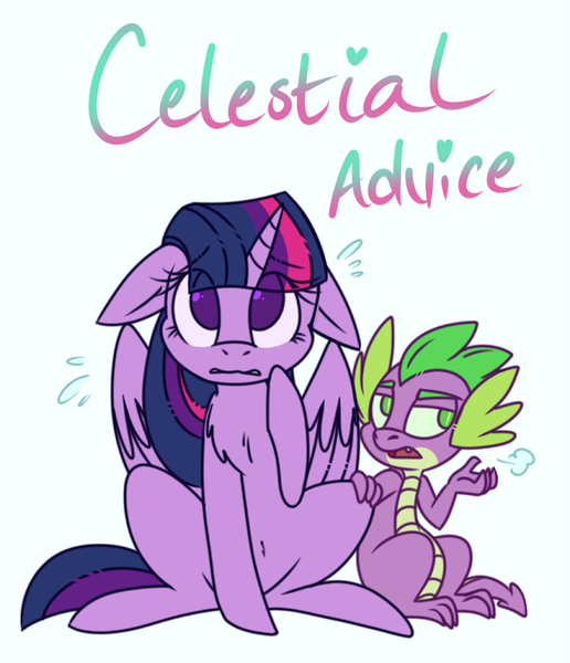 Size: 660x768 | Tagged: safe, artist:esmeia, derpibooru import, spike, twilight sparkle, twilight sparkle (alicorn), alicorn, dragon, pony, celestial advice, chest fluff, duo, eye clipping through hair, female, floppy ears, looking up, male, mare, nervous, open mouth, simple background, sitting, white background