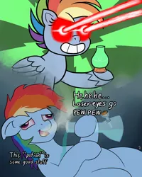 Size: 1200x1500 | Tagged: safe, artist:mkogwheel, derpibooru import, rainbow dash, pegasus, pony, my little pony: pony life, the best of the worst, spoiler:pony life s01e02, bong, drugs, eye beams, female, high, high as fuck, mare, marijuana, potion, stoned