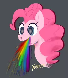 Size: 2650x3050 | Tagged: semi-grimdark, artist:xekinise, derpibooru import, pinkie pie, earth pony, pony, blood, dead eyes, lineless, nosebleed, puking rainbows, rainbow, rainbow blood, simple background, smiling, solo, vomit, vomiting