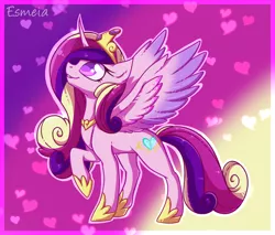 Size: 950x810 | Tagged: safe, artist:esmeia, derpibooru import, princess cadance, alicorn, pony, abstract background, cute, cutedance, female, heart, hoof shoes, jewelry, looking up, mare, peytral, raised hoof, smiling, solo, tiara