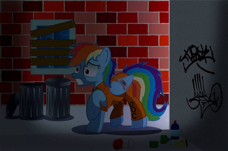 Size: 1095x730 | Tagged: safe, artist:spellboundcanvas, derpibooru import, rainbow dash, pegasus, pony, bound wings, brick wall, clenched teeth, clothes, escape, graffiti, jumpsuit, nervous, prison outfit, prisoner, prisoner rd, restraints, scared, solo, trash, trash can, trash can lid, wing cuffs, wings