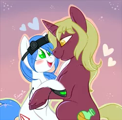 Size: 939x920 | Tagged: safe, artist:esmeia, derpibooru import, oc, oc:flask, oc:mal, unofficial characters only, earth pony, pony, unicorn, blushing, earth pony oc, female, goggles, heart, horn, male, oc x oc, open mouth, shipping, signature, smiling, straight, unicorn oc