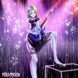 Size: 1600x1600 | Tagged: safe, artist:miraymoon, derpibooru import, rainbow dash, equestria girls, black dress, black shoes, clothes, commissioner:ajnrules, concert, dress, electric guitar, flats, guitar, little black dress, musical instrument, playing guitar, rain, rainbow dash always dresses in style, shoes, solo, stagelights, starry background, wet clothes, wet dress