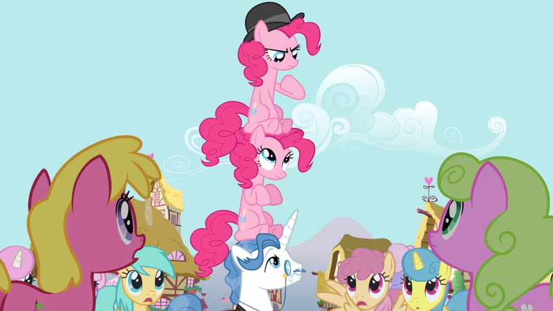 Size: 2000x1125 | Tagged: safe, derpibooru import, screencap, cherry berry, daisy, dizzy twister, fancypants, flower wishes, lemon hearts, orange swirl, pinkie pie, sunshower raindrops, earth pony, pegasus, pony, unicorn, too many pinkie pies, bowler hat, clone, female, frown, hat, looking up, male, mare, monocle, pinkie clone, pointing at self, pony pile, sitting on head, stallion, tower of pony
