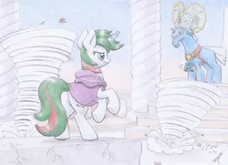 Size: 1024x740 | Tagged: safe, artist:xeviousgreenii, derpibooru import, grogar, gusty, gusty the great, pony, unicorn, bell, bewitching bell, cloak, clothes, colored pencil drawing, duo, female, grogar's bell, hurricane, magic, magic aura, male, mare, pillar, telekinesis, traditional art, whirlwind