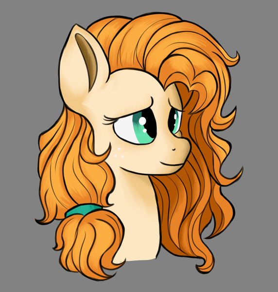 Size: 1395x1464 | Tagged: safe, artist:iron curtain, derpibooru import, pear butter, earth pony, pony, bust, female, gray background, mare, portrait, simple background, solo