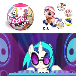 Size: 1600x1600 | Tagged: safe, derpibooru import, edit, edited screencap, screencap, vinyl scratch, pony, unicorn, fake it 'til you make it, female, frown, mare, photo, speakers, sunglasses, toy, turntable, unamused, vinyl scratch is not amused, zuru 5 surprise