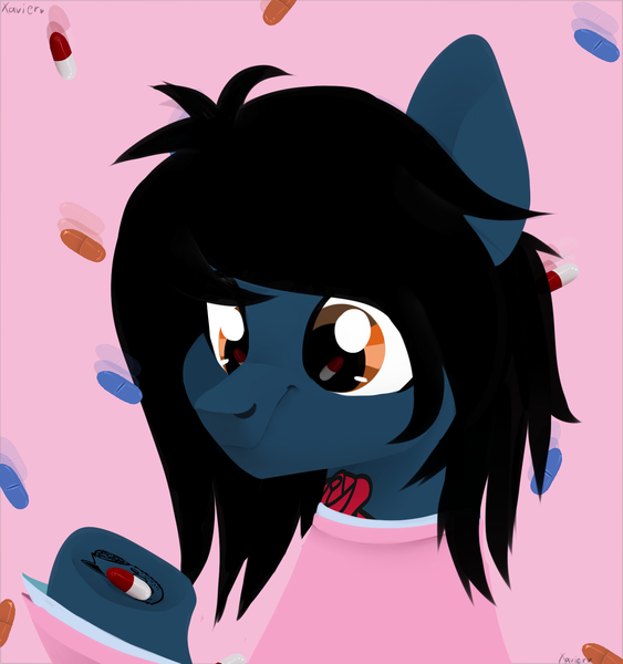 Size: 1500x1600 | Tagged: safe, artist:shiny, derpibooru import, ponified, ponified:oliver sykes, earth pony, pony, bring me the horizon, bust, clothes, commission, equestria girls ponified, hoof hold, long sleeves, looking down, male, messy mane, pills, pink background, shirt, short, simple background, stallion, tattoo, underhoof, undershirt, ych result