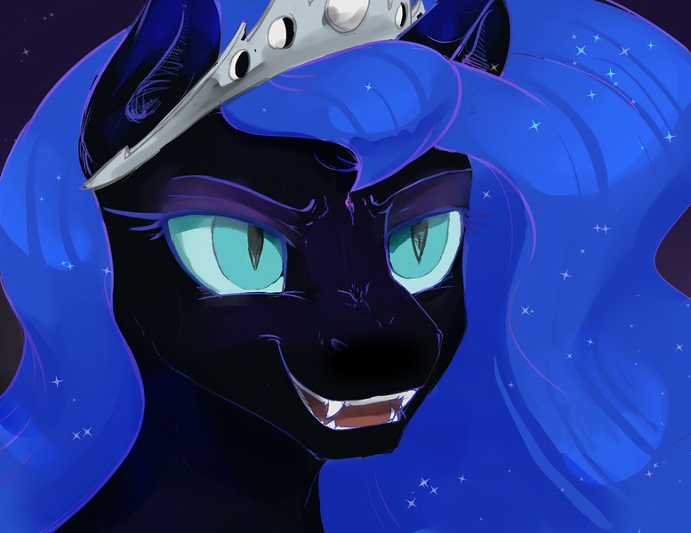 Size: 1280x989 | Tagged: safe, artist:silfoe, derpibooru import, edit, editor:childofthenight, nightmare moon, alicorn, pony, moonsetmlp, alternate universe, cute, cute little fangs, ethereal mane, evil grin, eyelashes, eyeshadow, fangs, female, grin, jewelry, majestic, makeup, moonabetes, regalia, slit eyes, smiling, solo, starry mane