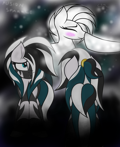 Size: 1776x2160 | Tagged: artist:fusion sparkle, blushing, boop, cute, darkness, derpibooru import, dream, ghost, ghost pony, gold rings, jewelry, new style, oc, oc:zefia, reflection, sad, safe, undead, unofficial characters only, zebra