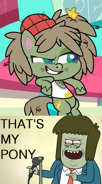 Size: 514x929 | Tagged: safe, derpibooru import, edit, edited screencap, screencap, dishwater slog, earth pony, pony, my little pony: pony life, the best of the worst, spoiler:pony life s01e02, comic, crossover, meme, microphone, muscle man, regular show, screencap comic, smiling, text, that's my pony, that's my x