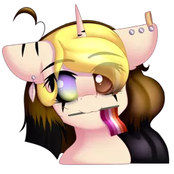 Size: 3000x3000 | Tagged: safe, artist:xcinnamon-twistx, derpibooru import, part of a set, oc, unofficial characters only, pony, commission, ear piercing, earring, eye clipping through hair, female, flag, heterochromia, jewelry, lesbian, lesbian pride flag, lgbt, looking at you, mouth hold, piercing, pride, pride flag, pride ponies, simple background, solo, transparent background, ych result