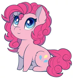 Size: 748x793 | Tagged: safe, artist:evehly, derpibooru import, edit, pinkie pie, earth pony, pony, chest fluff, chibi, colored pupils, cute, diapinkes, ear fluff, evehly is trying to murder us, female, leg fluff, looking up, mare, simple background, sitting, smiling, solo, weapons-grade cute, white background