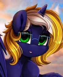 Size: 1443x1764 | Tagged: safe, artist:pridark, derpibooru import, oc, oc:time vortex (th3bluerose), unofficial characters only, alicorn, pony, alicorn oc, bust, chest fluff, commission, commissioner:th3bluerose, cute, glasses, green eyes, horn, looking at you, portrait, raised hoof, simple background, solo, wings