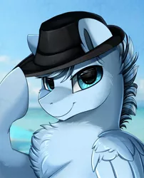 Size: 1424x1764 | Tagged: safe, artist:pridark, derpibooru import, oc, oc:scirocco seaspray, unofficial characters only, pegasus, pony, chest fluff, commission, commissioner:th3bluerose, cute, handsome, hat, hat tip, looking at you, male, pegasus oc, smiling, solo, trilby, wings