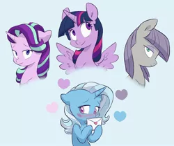 Size: 1920x1624 | Tagged: safe, artist:chub-wub, derpibooru import, maud pie, starlight glimmer, trixie, twilight sparkle, twilight sparkle (alicorn), alicorn, earth pony, pony, unicorn, blue background, blushing, female, floppy ears, heart, horn, lesbian, letter, love letter, mare, mauxie, redraw, shipping, simple background, startrix, trixie gets all the mares, twixie