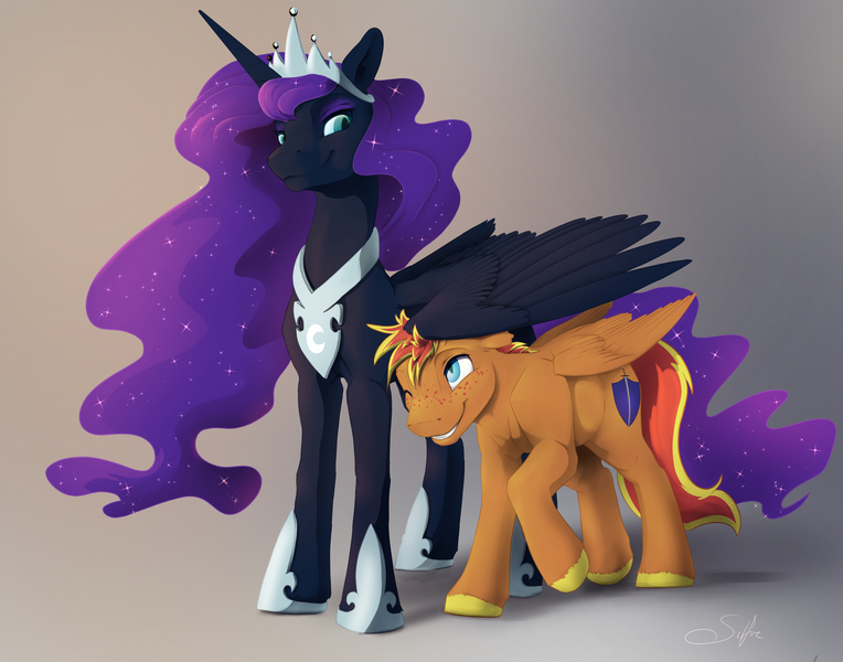 Size: 4200x3300 | Tagged: safe, artist:silfoe, derpibooru import, nightmare moon, oc, oc:fireheart, alicorn, pegasus, pony, moonsetmlp, adopted offspring, adorkable, alternate universe, cute, dork, female, freckles, male, mother and child, mother and son, motherly love, slit eyes, tumblr:moonset, wholesome