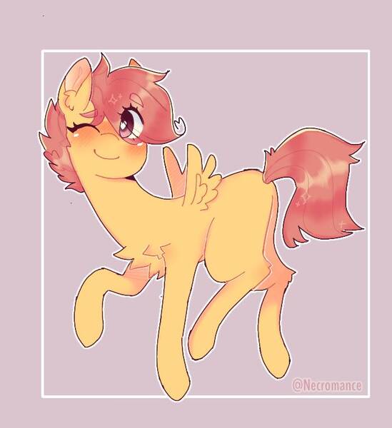 Size: 696x761 | Tagged: safe, artist:yumocloudyy, derpibooru import, scootaloo, pegasus, pony, blank flank, blushing, chest fluff, cute, cutealoo, ear fluff, eye clipping through hair, eyebrows visible through hair, female, filly, leg fluff, one eye closed, purple background, simple background, solo, wink