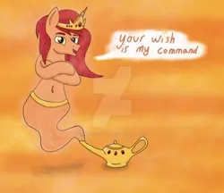 Size: 400x346 | Tagged: alicorn, artist:johnathon-matthews, artist:milwaukeeroadbrony, derpibooru import, deviantart watermark, dialogue, genie, genie pony, magic lamp, obtrusive watermark, oc, oc:khunis jirall, safe, watermark