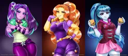 Size: 2286x1000 | Tagged: safe, artist:racoonsan, color edit, derpibooru import, edit, editor:drakeyc, adagio dazzle, aria blaze, sonata dusk, human, equestria girls, rainbow rocks, adoragio, adorasexy, ariabetes, belt, bracelet, breasts, busty adagio dazzle, busty aria blaze, busty dazzlings, busty sonata dusk, cleavage, clothes, colored, confident, curvy, cute, explicit source, eyeshadow, female, fingerless gloves, food, gem, gloves, hand on hip, hips, hourglass figure, humanized, jeans, jewelry, leggings, looking at you, looking down, makeup, moe, nail polish, necklace, pants, pigtails, ponytail, raised eyebrow, sexy, siren gem, skin color edit, skirt, smiling, smug, solo, sonatabetes, sonataco, spiked wristband, stupid sexy adagio dazzle, stupid sexy aria blaze, stupid sexy sonata dusk, taco, that girl sure loves tacos, the dazzlings, tongue out, trio, trio female, twintails, wristband