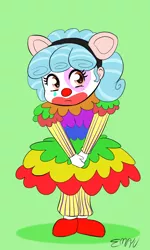 Size: 600x1000 | Tagged: safe, artist:empyu, derpibooru import, cozy glow, equestria girls, 30 minute art challenge, animal crossing, clothes, clown, clown makeup, clown nose, clowny glow, cosplay, costume, equestria girls-ified, female, green background, pietro (animal crossing), simple background, solo