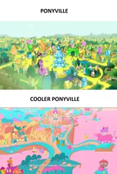 Size: 1232x1824 | Tagged: acid trip, coast, crystal, derpibooru import, edit, edited screencap, gold, golden road, inspiration manifestation, logo, my little pony: pony life, no pony, ponyville, ponyville schoolhouse, ponyville town hall, princess probz, river, safe, scenery, screencap, spoiler:pony life s01e01, stephen davis, text, town, transformed, treehouse logo, water