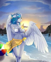 Size: 3320x4000 | Tagged: anthro, artist:heroin-burn, beach, beach ball, bikini, breasts, busty oc, clothes, cloud, commission, derpibooru import, drink, female, glass, jewelry, mare, oc, ocean, pegasus, sarong, signature, sky, solo, solo female, suggestive, sunset, swimsuit, unofficial characters only, windswept mane, ych result