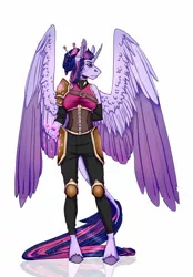 Size: 1024x1469 | Tagged: alicorn, anthro, armor, artist:heroin-burn, clothes, derpibooru import, female, hair bun, leonine tail, magic, safe, scar, signature, simple background, solo, spread wings, twilight sparkle, twilight sparkle (alicorn), unguligrade anthro, wings