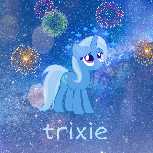 Size: 2734x2734 | Tagged: safe, artist:fiurercastellanos, derpibooru import, trixie, pony, unicorn, cute, diatrixes, female, fireworks, high res, mare, simple background, solo, stars, text