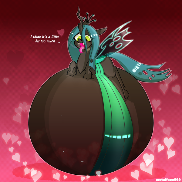 Size: 5000x5000 | Tagged: artist:metalface069, belly, belly bed, belly expansion, big belly, changeling, changeling feeding, changeling overfeeding, changeling queen, commission, derpibooru import, dialogue, explosion imminent, fat, female, floating heart, gradient background, growth, heart, huge belly, impossibly large belly, inflation, love, queen chrysalis, questionable, signature, solo, solo female, text, this will end in explosions, ych result, your character here