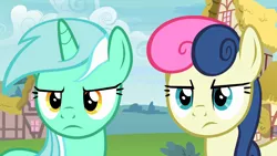 Size: 1920x1080 | Tagged: safe, derpibooru import, screencap, bon bon, lyra heartstrings, sweetie drops, earth pony, pony, unicorn, triple threat, bon bon is not amused, cropped, duo, female, lyra is not amused, unamused