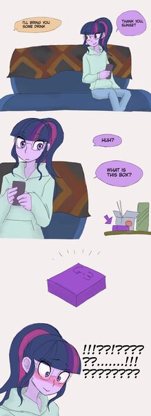 Size: 747x2048 | Tagged: safe, artist:haibaratomoe, deleted from derpibooru, derpibooru import, sci-twi, twilight sparkle, equestria girls, blushing, blushing profusely, comic, fingering, food, glasses, imminent fingering, implied lesbian, implied shipping, implied sunset shimmer, mobile phone, phone, sex