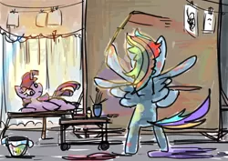 Size: 1032x729 | Tagged: safe, artist:nendo, derpibooru import, part of a set, rainbow dash, twilight sparkle, pegasus, pony, unicorn, bipedal, draw me like one of your french girls, duo, modeling, paint, painting, unicorn twilight