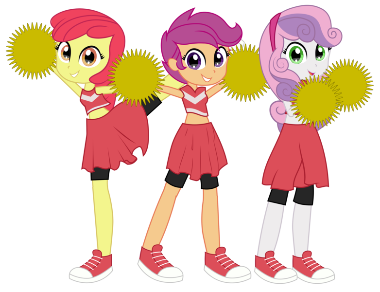 Size: 6263x4803 | Tagged: safe, artist:rj-streak, derpibooru import, apple bloom, scootaloo, sweetie belle, equestria girls, adorabloom, cheerleader, cheerleader outfit, clothes, converse, crossover, cute, cutealoo, cutie mark crusaders, diasweetes, female, looking at you, raised leg, shoes, shorts, simple background, skirt, sneakers, super mario strikers, transparent background