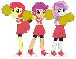 Size: 6263x4803 | Tagged: safe, artist:rj-streak, derpibooru import, apple bloom, scootaloo, sweetie belle, equestria girls, adorabloom, cheerleader, cheerleader outfit, clothes, converse, crossover, cute, cutealoo, cutie mark crusaders, diasweetes, female, looking at you, raised leg, shoes, shorts, simple background, skirt, sneakers, super mario strikers, transparent background