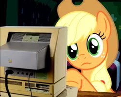 Size: 768x616 | Tagged: safe, artist:dwk, derpibooru import, applejack, earth pony, pony, apple (company), apple ii, applejack's hat, computer, cowboy hat, female, hat, mare, pun, solo, visual pun