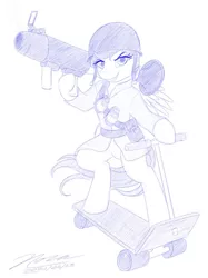 Size: 1024x1366 | Tagged: safe, artist:novaintellus, derpibooru import, scootaloo, pony, semi-anthro, atg 2020, clothes, female, monochrome, newbie artist training grounds, rocket launcher, scooter, simple background, soldier, solo, team fortress 2, white background