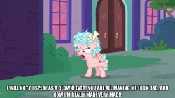 Size: 1280x720 | Tagged: safe, derpibooru import, edit, edited screencap, editor:jaredking203, screencap, cozy glow, pegasus, pony, school raze, angry, bow, caption, female, filly, image macro, meme, messy mane, raised hoof, solo, text