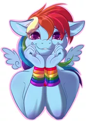 Size: 1350x1890 | Tagged: anthro, artist:banoodle, bedroom eyes, bondage, bound wrists, derpibooru import, female, floating wings, lip bite, looking at you, pegasus, pride, pride flag, rainbow dash, suggestive, wings