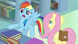 Size: 1920x1080 | Tagged: safe, derpibooru import, screencap, fluttershy, rainbow dash, pegasus, pony, daring doubt, bag, book, duo, female, flying, mare, saddle bag