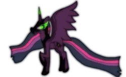 Size: 1702x1040 | Tagged: safe, artist:voltaradragoness, derpibooru import, twilight sparkle, twilight sparkle (alicorn), alicorn, pony, armor, chestplate, clothes, colored horn, darkened coat, darkened hair, duskheart dazzle, glowing eyes, glowing hair, glowing horn, glowing mane, glowing tail, helmet, horn, mask, nightmare twilight, nightmarified, shoes, simple background, solo, sombra eyes, transparent background, two color horn, wavy hair, wavy mane, wavy tail