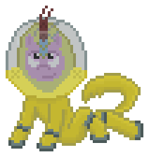 Size: 212x224 | Tagged: safe, artist:silent pone, derpibooru import, oc, oc:puppysmiles, kirin, fallout equestria, fallout equestria: pink eyes, fanfic art, female, hazmat suit, image, kirinified, pixel art, png, radiation suit, simple background, solo, species swap, transparent background