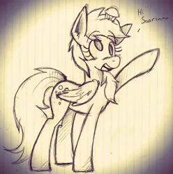 Size: 1938x1955 | Tagged: safe, artist:wirelesspony, derpibooru import, derpy hooves, pegasus, pony, food, implied soarin', lined paper, monochrome, muffin, sketch, solo, traditional art, waving