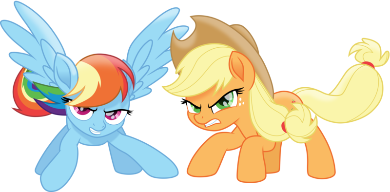 Size: 6092x3000 | Tagged: safe, artist:cloudyglow, artist:yanoda, derpibooru import, applejack, rainbow dash, earth pony, pegasus, pony, my little pony: the movie, .ai available, cowboy hat, cutie mark, duo, female, freckles, hat, high res, mare, movie accurate, protective pose, simple background, stetson, teeth, transparent background, vector, wings