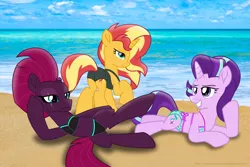 Size: 3000x2000 | Tagged: suggestive, artist:ejlightning007arts, derpibooru import, fizzlepop berrytwist, starlight glimmer, sunset shimmer, tempest shadow, pony, unicorn, beach, bikini, broken horn, bunset shimmer, butt, clothes, eye scar, horn, looking at you, lying down, raised hoof, scar, sexy, stupid sexy starlight glimmer, stupid sexy sunset shimmer, stupid sexy tempest shadow, swimsuit