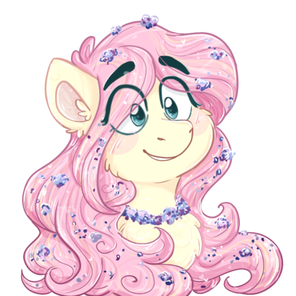 Size: 768x768 | Tagged: safe, artist:fluttershyfilly-yay, derpibooru import, fluttershy, pegasus, pony, bust, cheek fluff, chest fluff, cute, ear fluff, eyebrows, eyebrows visible through hair, female, flower, flower in hair, flower necklace, mare, outline, portrait, shyabetes, simple background, smiling, solo, three quarter view, transparent background, white outline