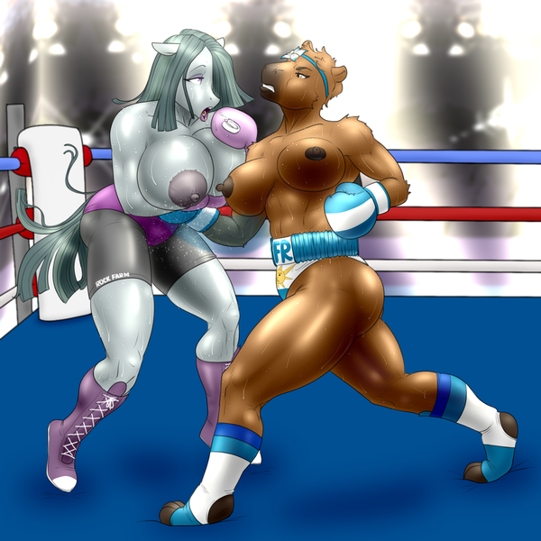 Size: 1200x1200 | Tagged: questionable, artist:hellbridge, derpibooru import, marble pie, oc, oc:fiorella, anthro, digitigrade anthro, earth pony, plantigrade anthro, abs, areola, bedroom eyes, biceps, big areola, big breasts, boxing, boxing boots, boxing gloves, boxing ring, boxing shorts, breasts, busty marble pie, clothes, commission, digital art, duo focus, female, fight, furry, furry oc, huge breasts, muscles, muscular female, nipples, nudity, partial nudity, punch, sports, sweat, tail, topless