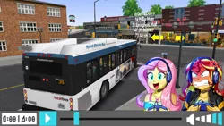 Size: 1366x768 | Tagged: safe, artist:electrahybrida, artist:the-butch-x, derpibooru import, fluttershy, sunset shimmer, equestria girls, equestria girls series, game stream, spoiler:eqg series (season 2), bus, bus stop, cayuga, cayuga and northern transit authority, driving, gamershy, gillig advantage, green light, omsi, omsi 2, pc game, rageset shimmer, route arrows, simulation, simulator, star trek, star trek: discovery, sunset frustrated at game, sunset gamer, sunset shimmer frustrated at game, this will end in accidents, this will end in lawsuits, traffic light, video game