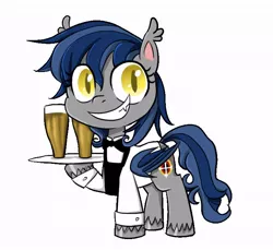 Size: 726x666 | Tagged: safe, artist:ce2438, derpibooru import, oc, unofficial characters only, bat pony, pony, my little pony: pony life, alcohol, bat pony oc, bat wings, beer, bowtie, clothes, grin, hoof hold, raised hoof, simple background, smiling, solo, unshorn fetlocks, waiter, white background, wings